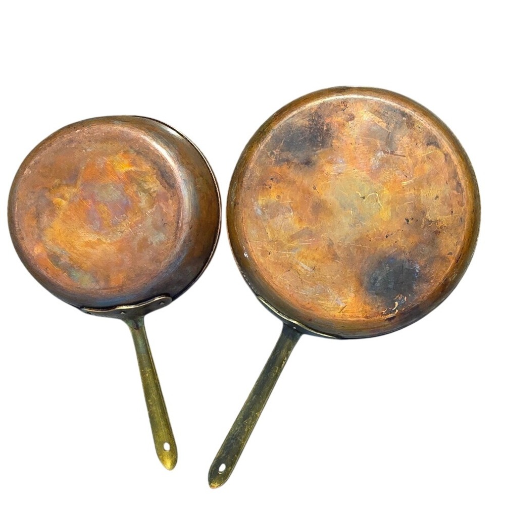 Vintage Made in Portugal Copper Skillet Set 2pc Brass Handles Tin Lined 10in 7in